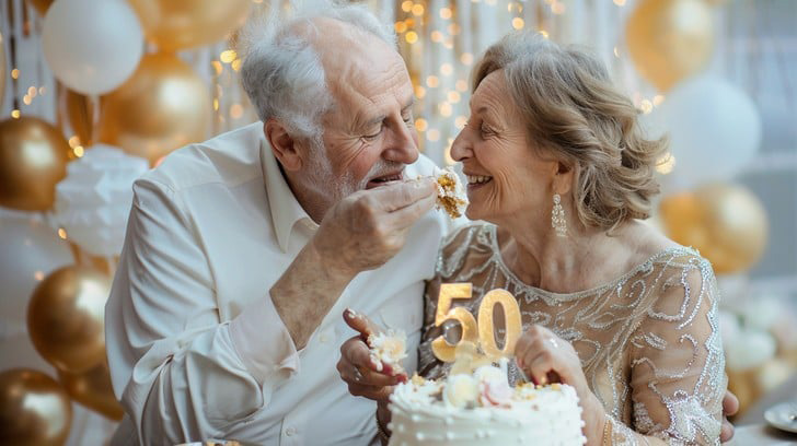 Couple having cake for their 50th anniversary