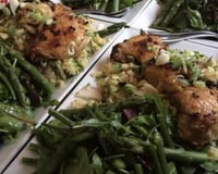 Ginger, cinnamon, lemon, red onion, saffron marinated chicken with honey and rosewater. Green bean salad