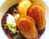 Almond madeleines with raspberry compote and citrus creme fraiche 