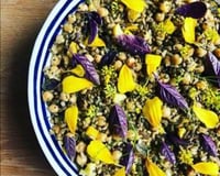five rice salad with edible flowers and fennel top