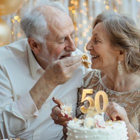 Couple having cake for their 50th anniversary