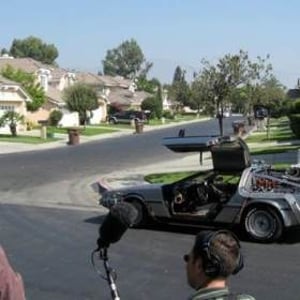 The BTTF Car being filmed on original movie loaction by Universal Studios