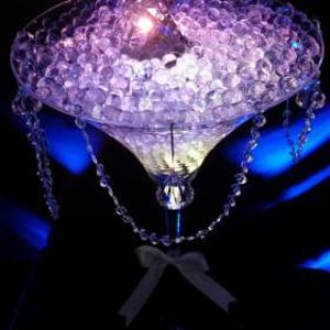 Diamante Themed Martini Glass Centrepiece hire in Hertfordshire, Bedfordshire, Essex & surrounding areas. Perfect for weddings, birthdays & corporate events