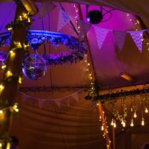Coloured lights + fairy lights + edison light bulbs