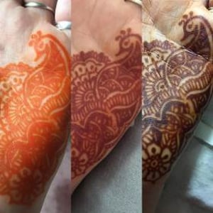 Henna stain from first removing the paste to 48 hours after application.