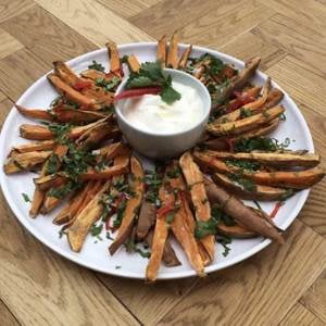 Oven baked sweet potato, coriander, red chile, lime, Greek yogurt