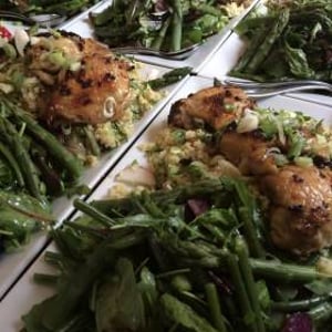 Ginger, cinnamon, lemon, red onion, saffron marinated chicken with honey and rosewater. Green bean salad