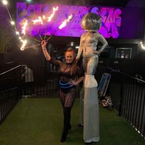Fire Eater and Mirrorball stilt walker