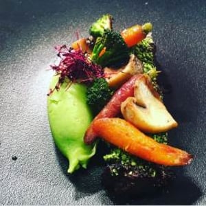 Slow braised beef with basil pomme purée