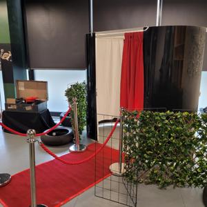 Black gloss Photo Booth with red carpet, ropes and curtain 1