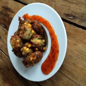 Crispy crab and sweetcorn fritters, chill sauce