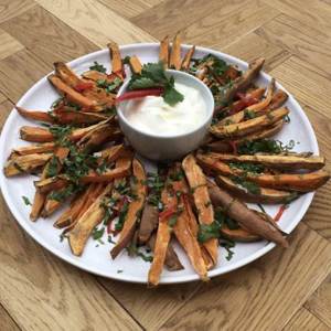 Oven baked sweet potato, coriander, red chile, lime, Greek yogurt
