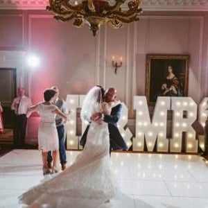 Stunning White Starlit Led dance floor and white giant Mr & Mrs at the gorgeous Crathorne Hall Hotel near Yarm.
