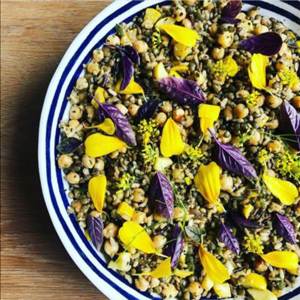 five rice salad with edible flowers and fennel top