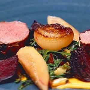Berkshire  venison with pumpkin purée and rainbow chard   