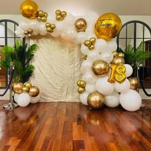 White and gold balloon garland