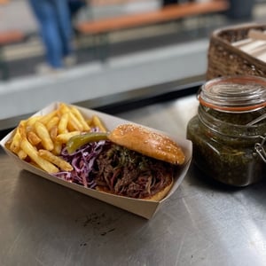Beef Brisket Brioche Bun, fries, home slaw, pickle