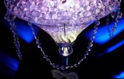 Diamante Themed Martini Glass Centrepiece hire in Hertfordshire, Bedfordshire, Essex & surrounding areas. Perfect for weddings, birthdays & corporate events