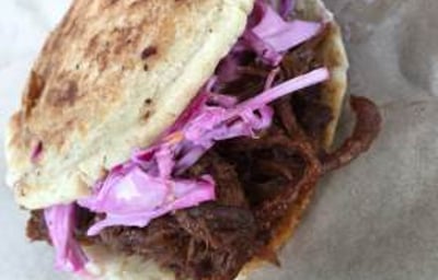 Arepa Filled with Beef Brisket and Home Made Coleslaw