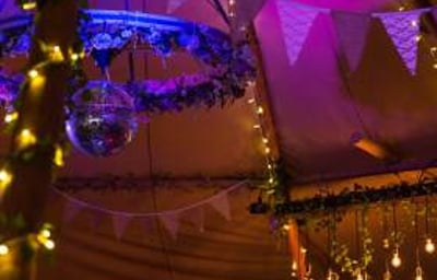 Coloured lights + fairy lights + edison light bulbs