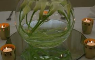 Fish Bowl Vase Centrepiece with Calla Lilies