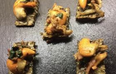 Scallop roe, wild garlic, shallot on 3 seed rye bread