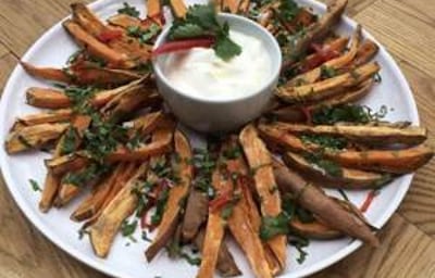 Oven baked sweet potato, coriander, red chile, lime, Greek yogurt