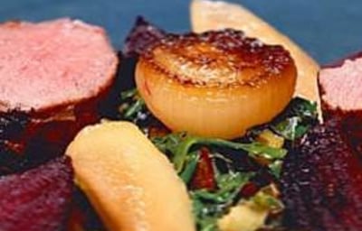 Berkshire venison with pumpkin purée and rainbow chard
