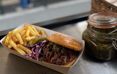 Beef Brisket Brioche Bun, fries, home slaw, pickle
