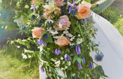 cascade pink peach and blue bouquet