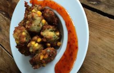 Crispy crab and sweetcorn fritters, chill sauce