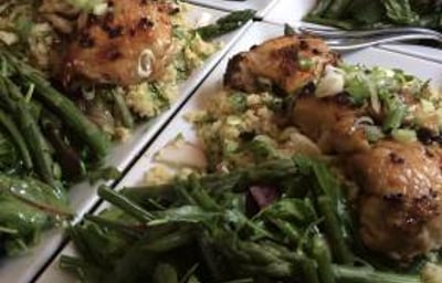 Ginger, cinnamon, lemon, red onion, saffron marinated chicken with honey and rosewater. Green bean salad