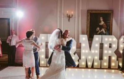 Stunning White Starlit Led dance floor and white giant Mr & Mrs at the gorgeous Crathorne Hall Hotel near Yarm.