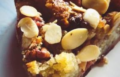 Rhubarb and almond tart with stew ginger and pecan nuts