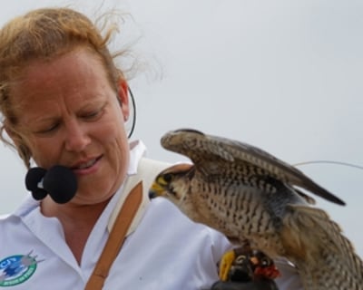 The owner, Charlotte Hill with one of her birds